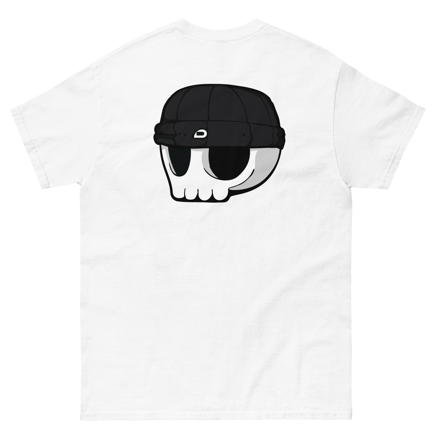 White Unisex T-Shirt - Black Beanie Skull Logo (Back Print)