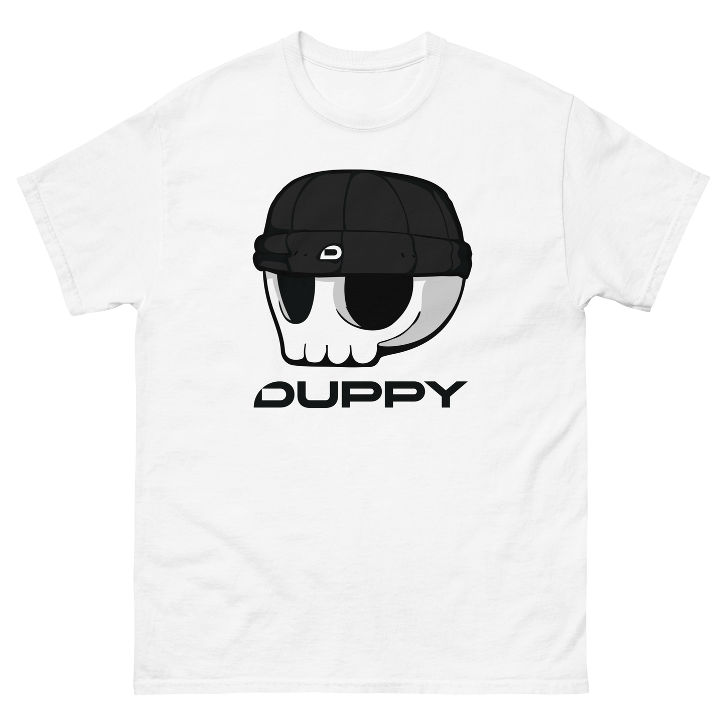 White Unisex T-Shirt (Black Beanie Skull Logo)