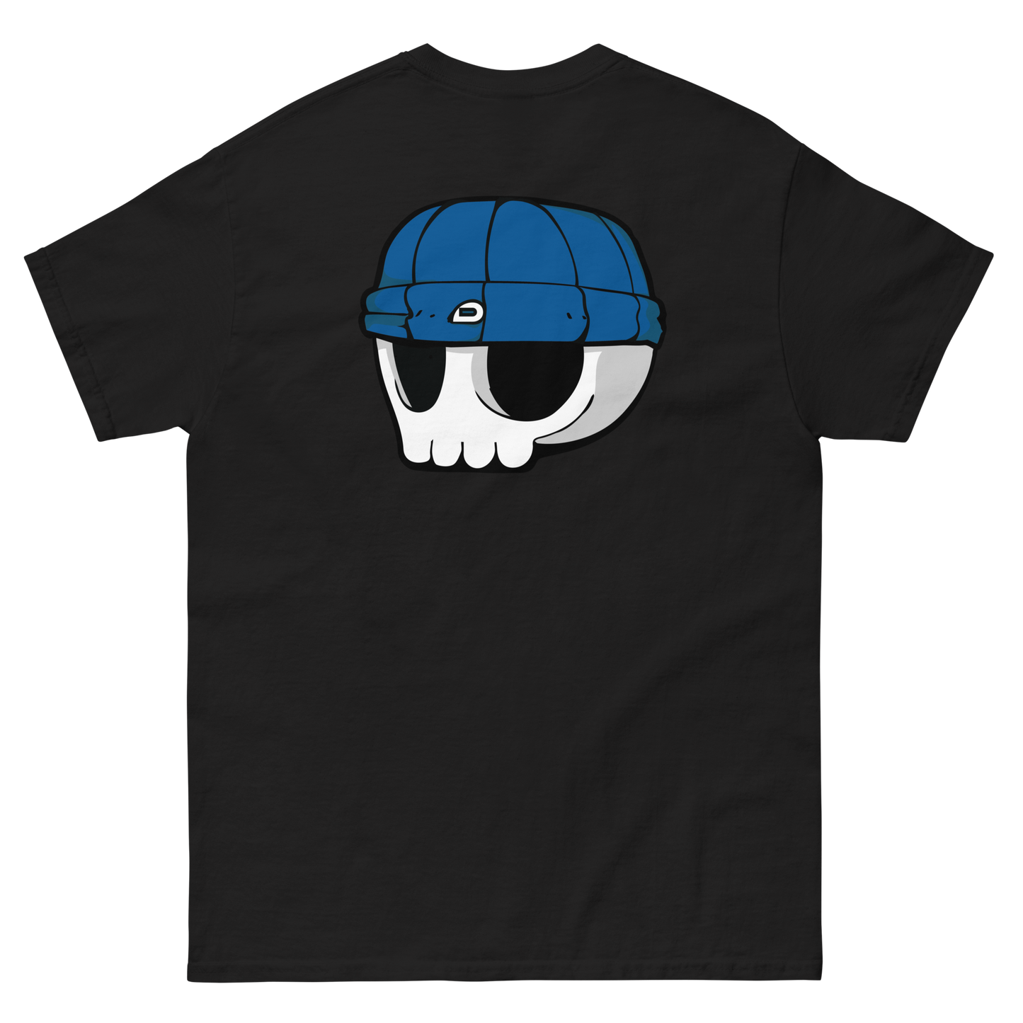 Black Unisex T-Shirt - Dark Cerulean Beanie Skull Logo (Back Print)