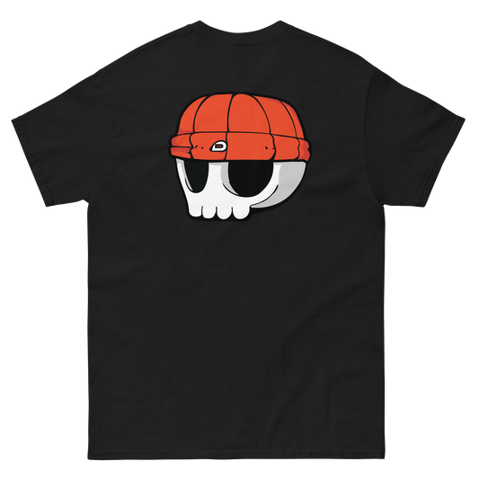 Black Unisex T-Shirt - Red Beanie Skull Logo (Back Print)