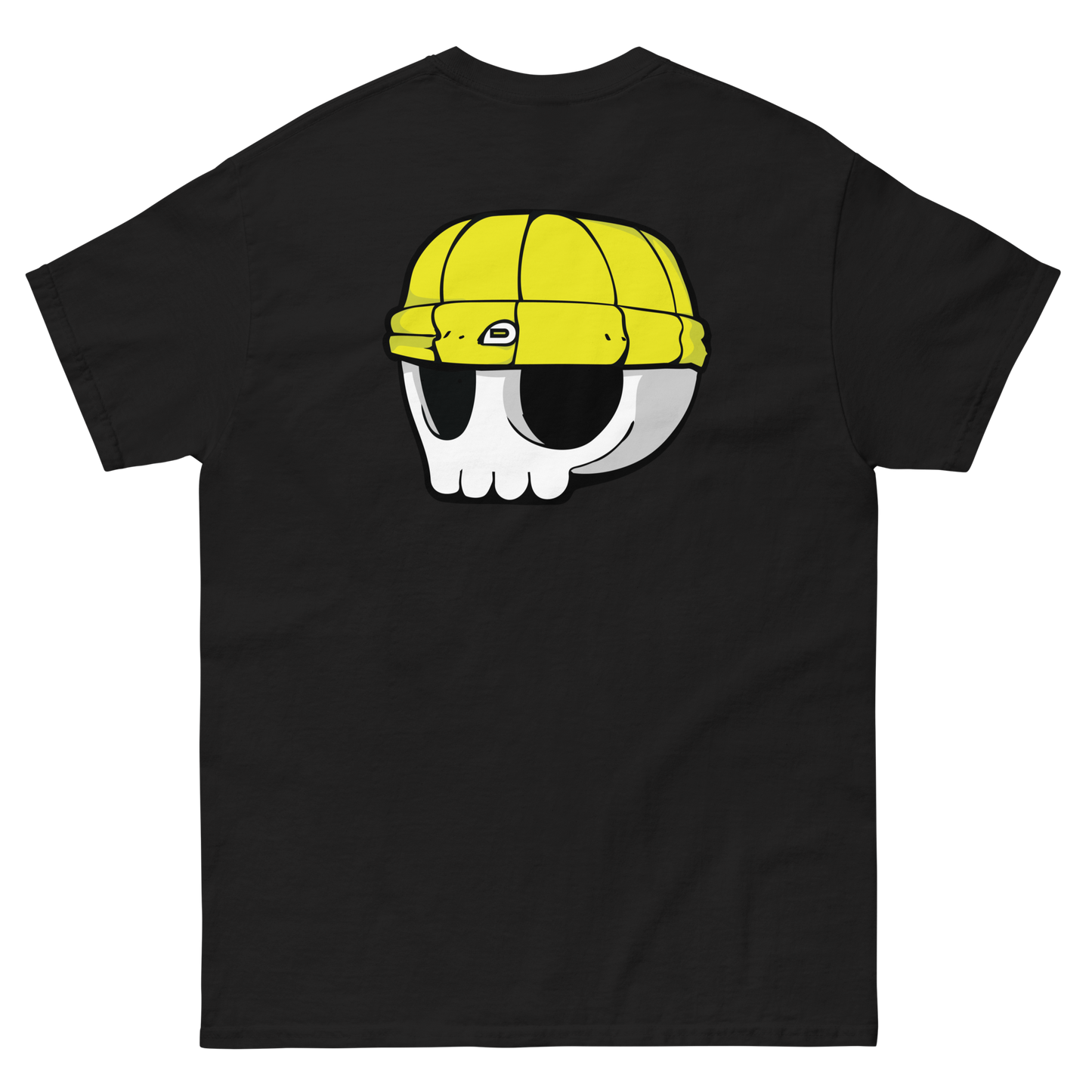 Black Unisex T-Shirt - Yellow Beanie Skull Logo (Back Print)