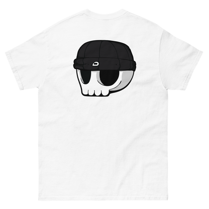 White Unisex T-Shirt - Black Beanie Skull Logo (Back Print)