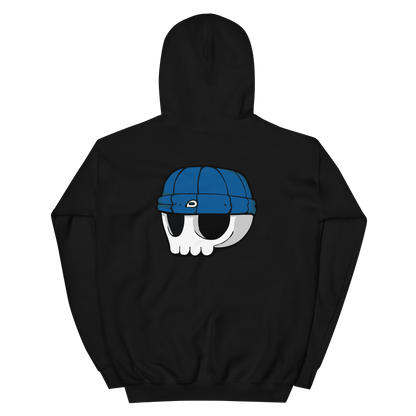 Black Unisex Hoodie - Dark Cerulean Beanie Skull Logo (Back Print)